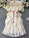 French One-Word Shoulder-Sling Sling Dress Woman Gentle Wind Chopped Flower Bubble Sleeve Yarn Fairy Dress 1956