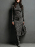 New Retro High-Necked Dress In Autumn 2025 Solid Color With Low-Sleeved Dress