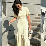 Women's Clothing Exploding Fashion Simple Solid Color Button Short Sleeves Knitted Dress
