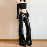 2025 Summer High-Rise Street Fashion Hottie Mesh Splicing Design PU Leather Trumpet Trousers Women