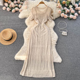 Summer Korean Ins Short Sleeve V-Neck Hepburn Style Temperament To Show Thin Dress Women's Waist Bag Hips Long Skirt Tide