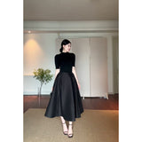 Hepburn Fashion Suit Pure Color Shoulder Five-Sleeve Top In Autumn Waist French Black Dress