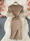 Korean Version Of The Solid Color Collar Buckle Body Short Sleeve Elastic Knitted Forked And Left-Sleeved Dress 0022
