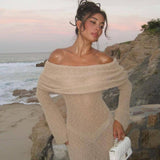 5 Color Beach Holiday Dress Knitted One-Word Long Dress Hooded Summer Women's Long Sleeve