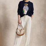 Round-Neck New Women's Bear Embroidered Retro Body Sweater College Style Knitted Shirt Top