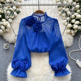 French Shirt Female Design Sense Small Three-Dimensional Flower Bubble Sleeves To Reduce The Age Of Pure Color Chiffon Shirt Women's Long-Sleeved Top