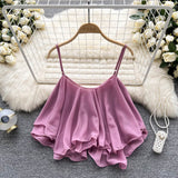 2025 Summer Korean Version Of The New Loose Lotus Leaf Side Shoulder Double Sleeveless Sleeveless Sling Sling Vest Female Wear