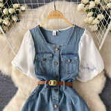 Short-Sleeved Dress Women's 2025 Summer Dress New Design Collar Bubble Sleeve Splicing Age-Sensitive Fashion Denim Long Dress