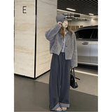 Grey Curly-Sided Striped Grinding Hair High Waist Broad Leg Slacks Women Autumn And Winter New Design With Straight Trousers
