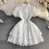 2025 Summer Retro Temperament Elegant Collar Single Buckle White Lace Embroidery A Word Cake Dress