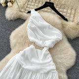 2025 Spring New French Atmosphere Temperament Hollow Exposed Waist Thin Shoulder Irregular Chiffon Dress Woman