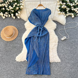 Three-House Folded Dress Design Irregular Lotus Leaves Side To Receive Waist Repair Bright Silk Pressure Folds
