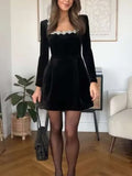 2025 Women's Autumn And Winter New Diamond-Sleeved French Waist-Sleeved Velvet Mini Dress