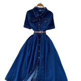 Korean Version Of Fashion Casual Denim Dress Women Retro Collar Short Sleeve Single Buckle Waist Swing Shirt Long Skirt