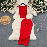 Hong Kong Style Retro Hottie Suit Women's Summer Short Vest Top With High Waist Half Skirt Knit Two Sets