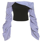 Women's Clothing 2025 Summer New Fashion Stripe Bumped A Word Shoulder-To-Shoulder Repair Slim Thin Long-Sleeved Top Lady