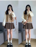 Early Autumn College Style Retro Vest Three-Piece Suit Female High-Waisted Half-Dress Long-Sleeved Shirt Top