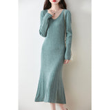 V-Necked Cashmeat Dress Women's Autumn And Winter New Set Long Sleeves Leisure Long A Dress Wool Knitted Long Dress