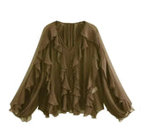 Spring 2025 New Women's V-Neck Single Buckle Long-Sleeved Cascade Decorative Shirt 10 Colors