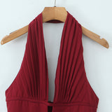 Short Dress Body With Bare Back Hanging Neck Dress Female Hollow Deep V-Necked Minority French Folded A-Word Mini-Skirt Dress Dress