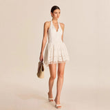 2025 New Women's White Lace Dress French Sleeveless Hanging Neck V-Neck Dress