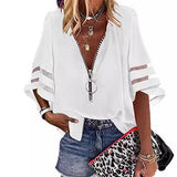 2025 New V-Neck Zipper Shirt Half-Horn Sleeve Grid Spliced Loose Casual Shirt For Women