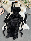 Vintage Red Velvet Sling Dress Woman Irregular Opening Sexy Bag Hip Heavy Industry Dress Dress 0453