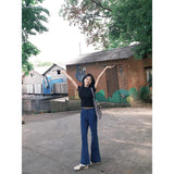 French Blue High-Rise Self-Healing Micro-Tipped Jeans Women Spring And Autumn New Niche Without Legs Horseshoe Long Trousers
