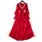 French High-End Elegant Dress Women Fashion Heavy Industry Embroidery Stender V Collar Waist Temperament Court Style Long Dress