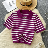 Short-Sleeved Knitted Women 2025 Summer South Korea Ins New Trendy Sleek Striped T-Shirt Women's Tops