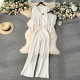 High-End Feel Set 2025 Spring Women's Metal Buckle Vest Knitted Open-Shirt Broad Leg Pants Fashion Three-Piece Set