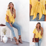 2025 Summer New Women's Pure Color Splicing Loose Short-Sleeved Strap Lotus Edge Top