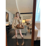 Tibetan Blue Oblique Shoulder Design Long-Sleeved Shawl Dress Women Autumn Lazy Wind Top A Word Half-Body Dress Two-Piece