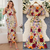 French High-End Elegant Heavy Industry Flower Embroidery Round Collar Lantern Sleeves To Close The Waist Slim Slimmed Fishtail Dress Dress