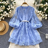 French Sweet Court Style V-Neck Lantern Sleeve Embroidery Collection Thin Single Buckle A Word Elegant Dress Woman
