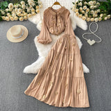 Gentle Style Pink Three-Dimensional Flower Collar Lantern Sleeve Shirt Lady Autumn High-Rise Dress Set