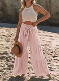 Women's Fashion Temperament Strap Spliced High-Waisted Folds Broad Leggings Casual Loose Trousers