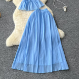 Holiday Style Suit Women's Summer French Waistless Sleeveless Hanging Neck Top High Waist Thin Half Skirt Two-Set