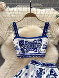 Wind Blue And White Porcelain Printing Set Women's Summer Pure Desire To Bare Belt Slings Small Vest + High Waist Mid-Long Skirt