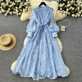 French High-End Women's Dress 2025 Spring Collection Heavy Industry Embroidery V Neck Lantern Sleeve Single Row Buckle Long Skirt