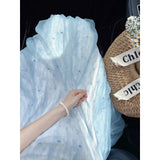 Seaside Vacation Light Blue Mesh Sling Dress Women's New Gentle Wind White Beach Floral Dress