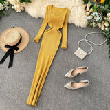 Dress Women's Autumn And Winter 2025 New Korean Version Of Simple Solid Color Long Sleeves Tight Waist Thin Knit Long Dress