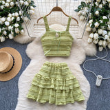 Sweet Dress With Women's Summer Chic Gentle Wind Tie Sling Sling Small Vest + High Waist Folded Lotus Side Half Skirt