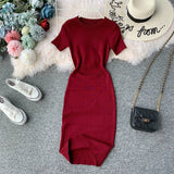 Short-Sleeved Solid-Color Temperament Round-Neck Knitted Tight Skirt Dress Bag Hip One-Step Skirt Dress Mid-Long Model
