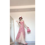 French Floral Sling Dress Female Design Sense Niche Lotus Side Temperament Waist Dress Two Sets