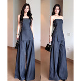 2025 Summer New Korean Wearing A Forked Corset Loose Broad Leg Pants Denim Set