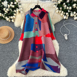 Three-House Folded Dress Women's Autumn 2025 Retro Collar Long Sleeves Loose A-Word Printing Skirt