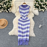 Goddess Fan Temperament Body-In-County-Necked Sleeveless Striped Knitted Dress Women's Summer Tight-Dled Ass Tuxedo Dress