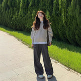 Grey Languid Feeling High Waist Broad Leg Sleet Suit Trousers Women Autumn Loose Thin Hanging Straight Trousers