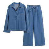 Light-Cooked Wind High-End Retro Lapel Long-Sleeved Cowboy Topess 2025 Autumn Dress High-Waisted Casual Broad-Legged Straight Trousers